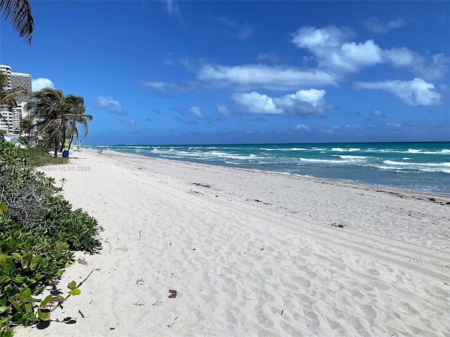 view of water feature with a beach view