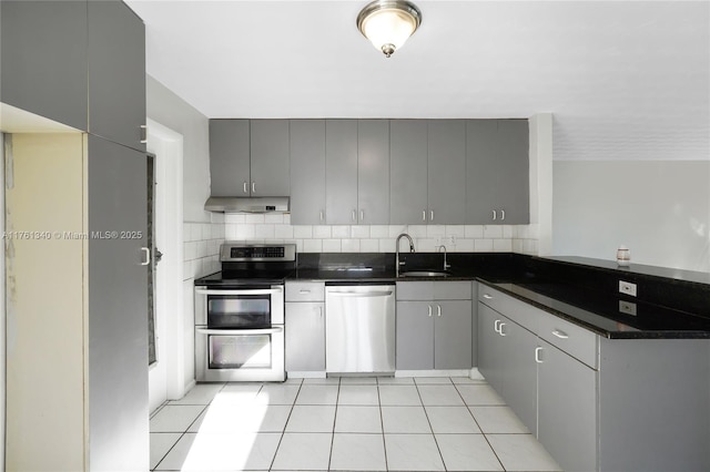 kitchen featuring a peninsula, a sink, stainless steel appliances, under cabinet range hood, and dark countertops