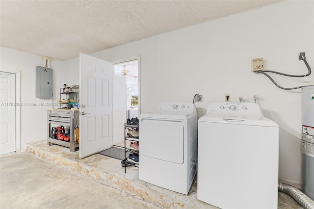 clothes washing area featuring electric panel, hookup for a washing machine, electric dryer hookup, and a textured ceiling