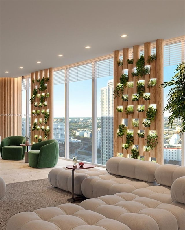 555 N Miami Ave Unit 4912, Miami, FL 33136 - living room featuring a city view, recessed lighting, and a wall of windows