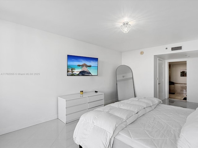 bedroom with baseboards, visible vents, and tile patterned flooring