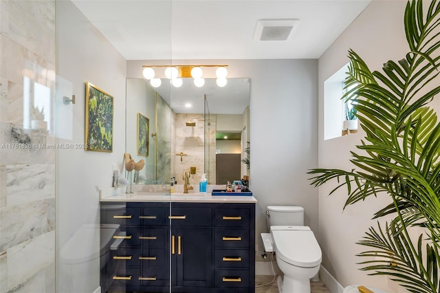 bathroom featuring visible vents, toilet, walk in shower, and vanity