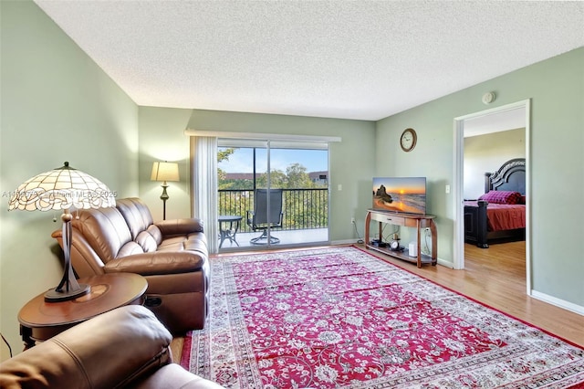 living area with wood finished floors, baseboards, and a textured ceiling