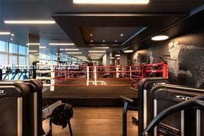 exercise room featuring wood finished floors