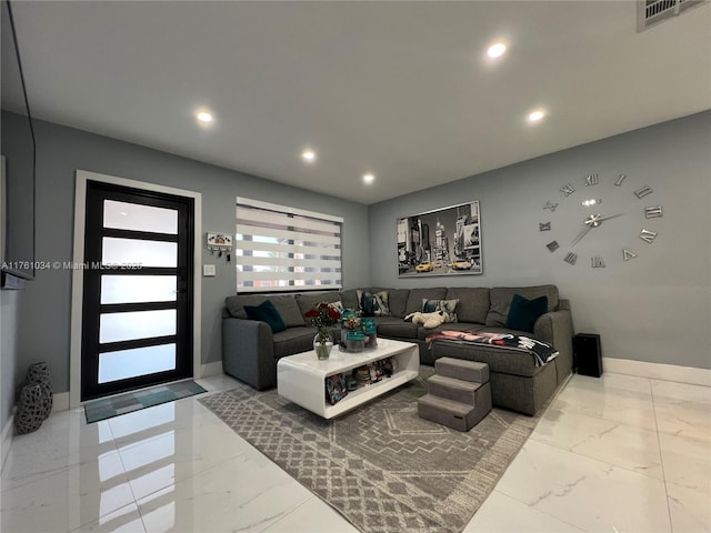 living room featuring recessed lighting, visible vents, marble finish floor, and baseboards