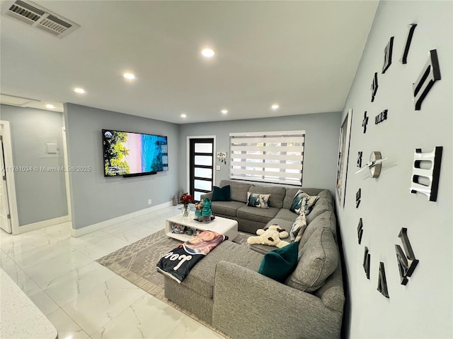 living room with recessed lighting, visible vents, marble finish floor, and baseboards