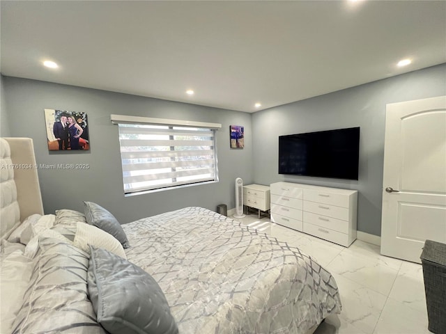 bedroom with recessed lighting, baseboards, and marble finish floor