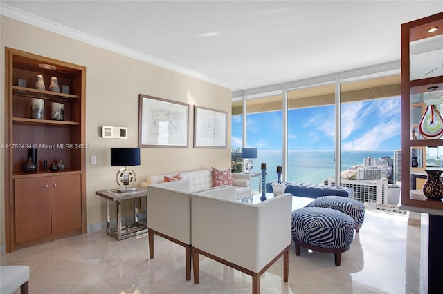 living room featuring built in features, baseboards, ornamental molding, a water view, and expansive windows