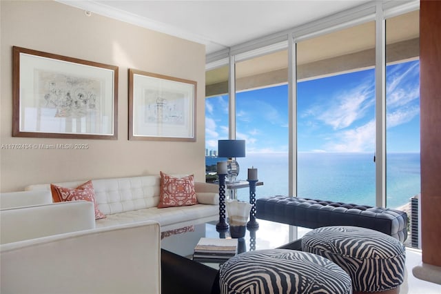 living area with expansive windows, crown molding, and a water view