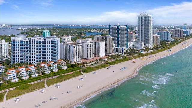 aerial view with a view of city, a water view, and a beach view