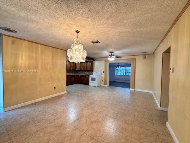 unfurnished living room featuring visible vents, crown molding, baseboards, ceiling fan with notable chandelier, and a textured ceiling