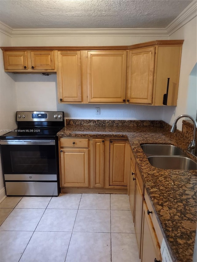 kitchen featuring ornamental molding, a sink, a textured ceiling, stainless steel range with electric cooktop, and light tile patterned floors