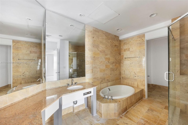 1395 Brickell Ave Unit 3403, Miami, FL 33131 - full bathroom with a sink, tile walls, a stall shower, and a bath