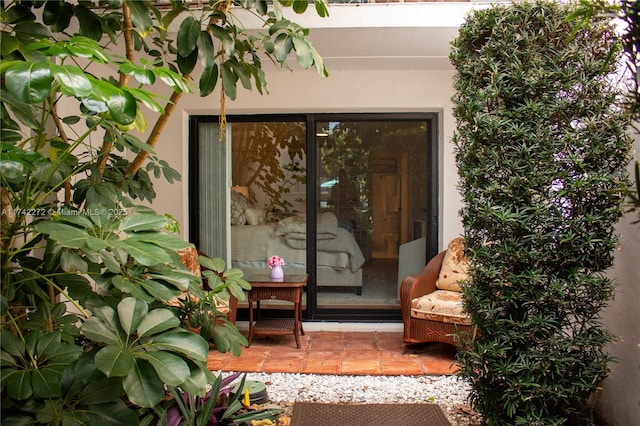 entrance to property with stucco siding and a patio