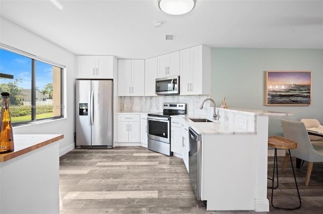 kitchen with tasteful backsplash, light countertops, a kitchen breakfast bar, stainless steel appliances, and a sink