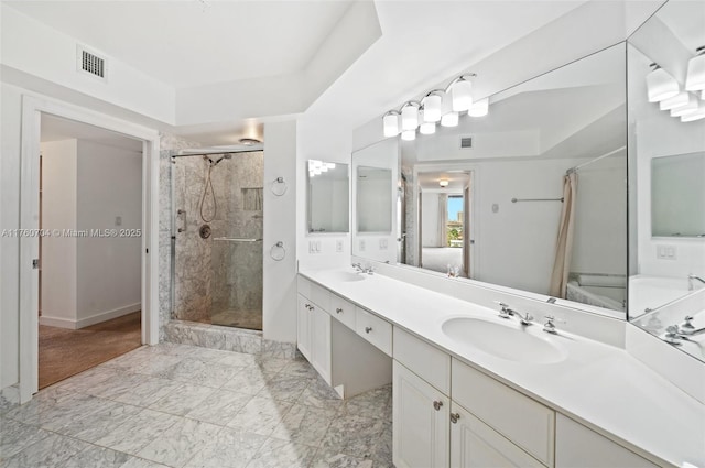 3600 Yacht Club Dr Unit 1102, Aventura, FL 33180 - full bath featuring double vanity, visible vents, a stall shower, and a sink