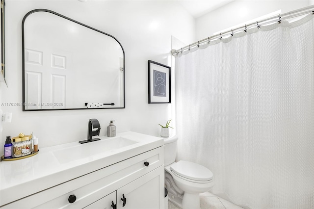 full bath with curtained shower, toilet, vanity, and tile patterned flooring