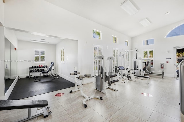 workout area with baseboards, plenty of natural light, and a towering ceiling