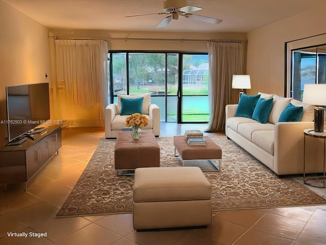 living room featuring ceiling fan