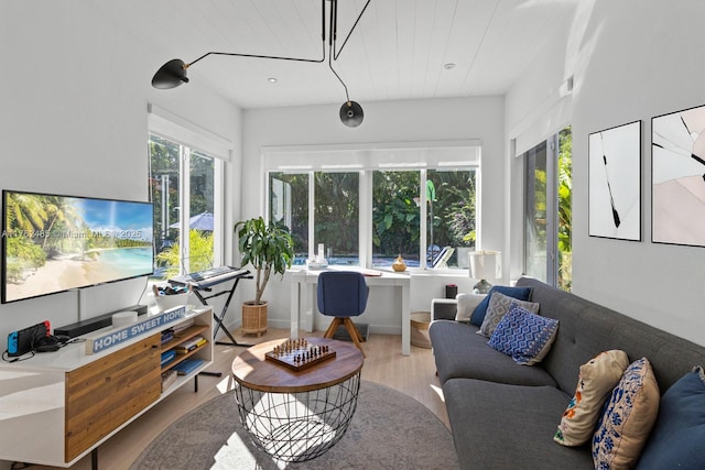 living area with recessed lighting and wood finished floors