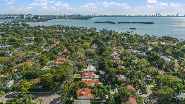 aerial view featuring a water view and a city view