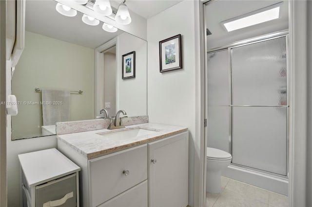 full bath featuring tile patterned floors, vanity, a shower stall, and toilet