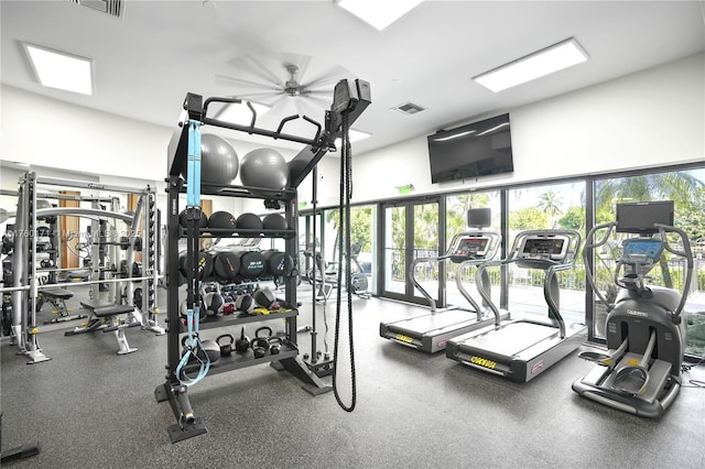 exercise room with visible vents and a ceiling fan