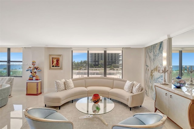 living area featuring crown molding, baseboards, and a wealth of natural light