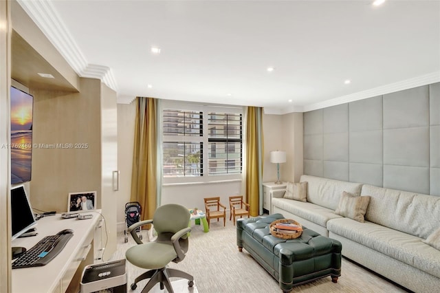 carpeted living area featuring recessed lighting and ornamental molding