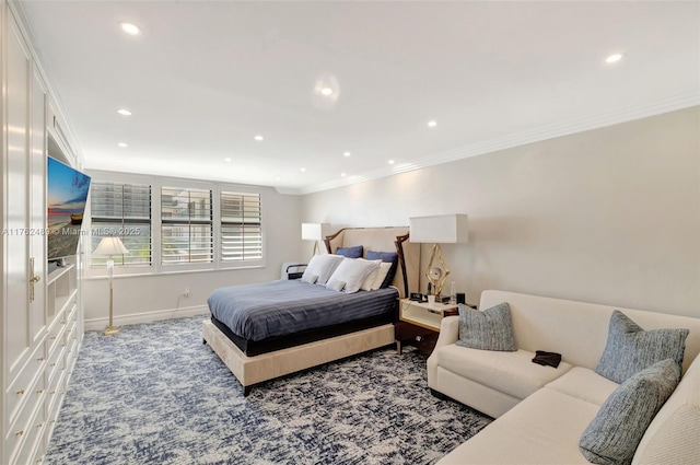 bedroom featuring recessed lighting, baseboards, carpet, and crown molding