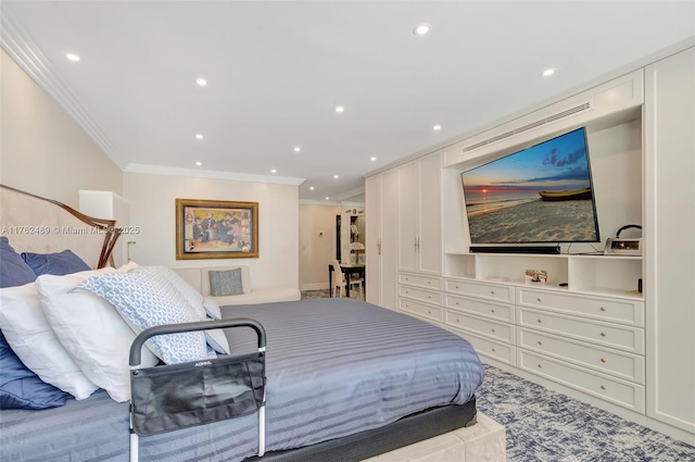 bedroom featuring recessed lighting and ornamental molding