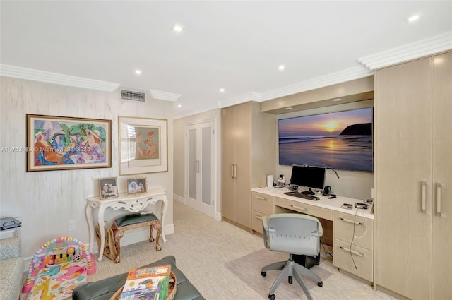 office space with visible vents, ornamental molding, recessed lighting, baseboards, and light colored carpet