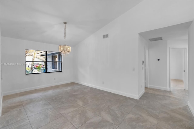 empty room with vaulted ceiling, a notable chandelier, baseboards, and visible vents