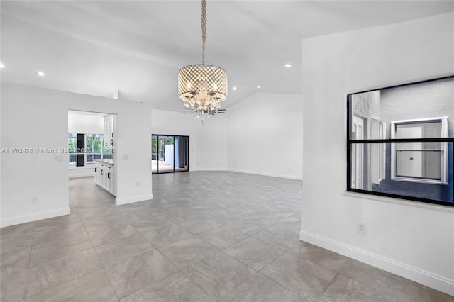 unfurnished room featuring recessed lighting, baseboards, a notable chandelier, and vaulted ceiling