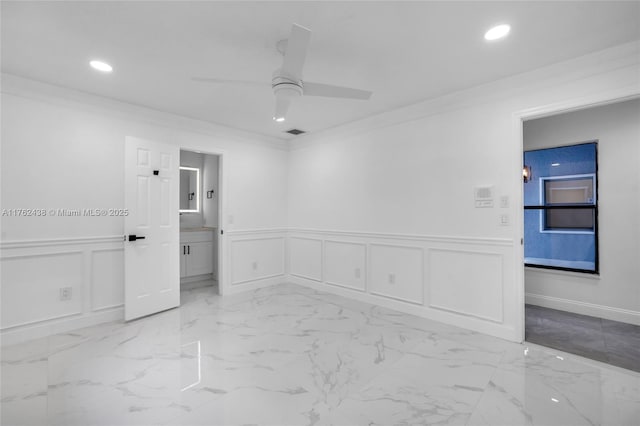 unfurnished room featuring visible vents, ceiling fan, ornamental molding, recessed lighting, and marble finish floor