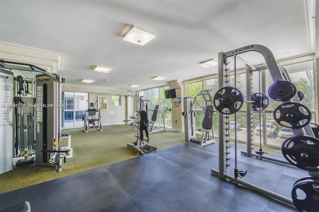 workout area featuring baseboards