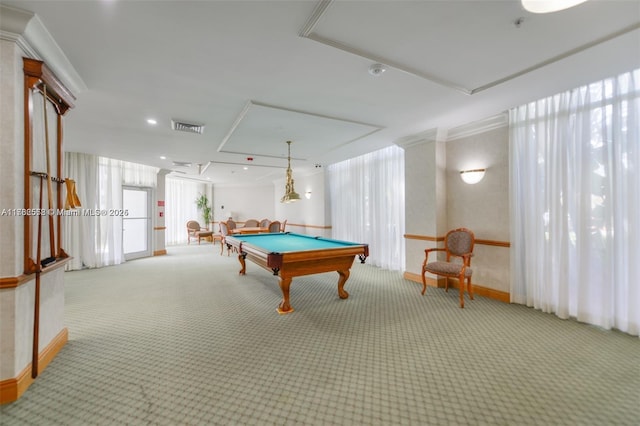 game room featuring recessed lighting, visible vents, carpet, and billiards