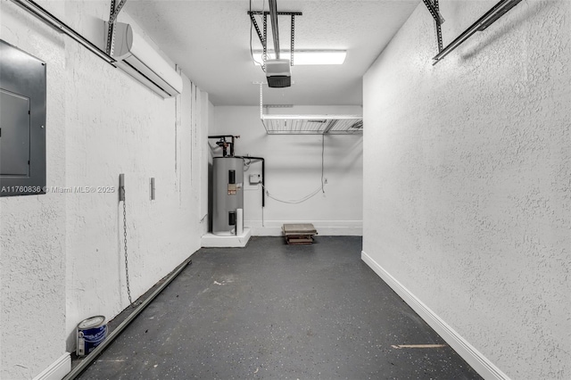 garage featuring water heater, a garage door opener, electric panel, and a textured wall