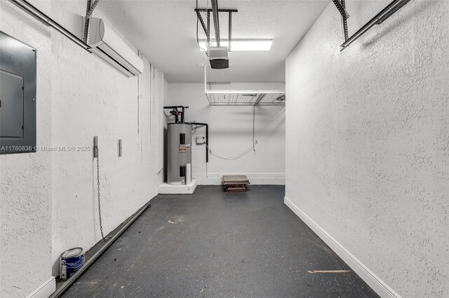 garage with a textured wall, a garage door opener, water heater, and electric panel