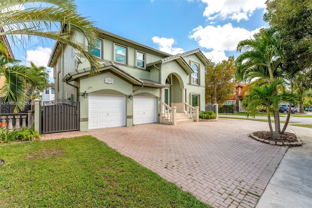 view of front of home featuring decorative driveway, an attached garage, a gate, and stucco siding