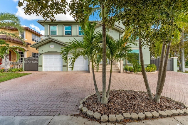 view of front of property featuring an attached garage, decorative driveway, stucco siding, and fence