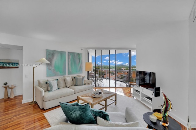 living room featuring floor to ceiling windows, baseboards, and light wood-style floors