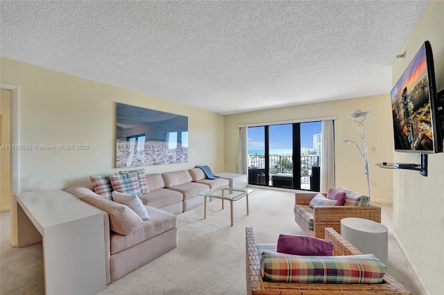 living area with baseboards, carpet, and a textured ceiling