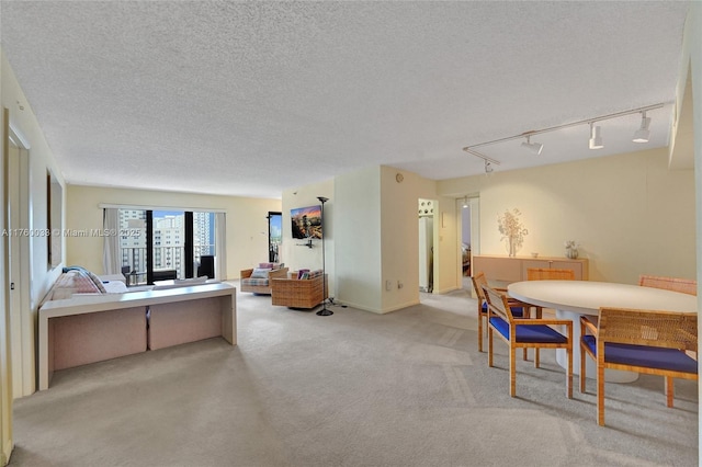 dining room with a textured ceiling and carpet flooring