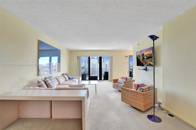 living area with baseboards, a textured ceiling, and carpet