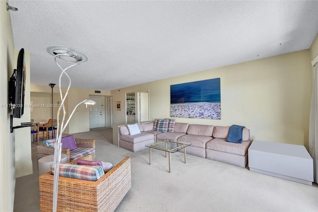 living area featuring a textured ceiling and carpet