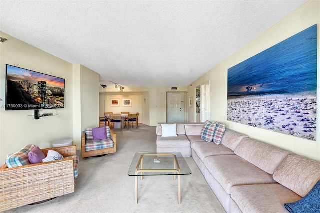 carpeted living room with a textured ceiling