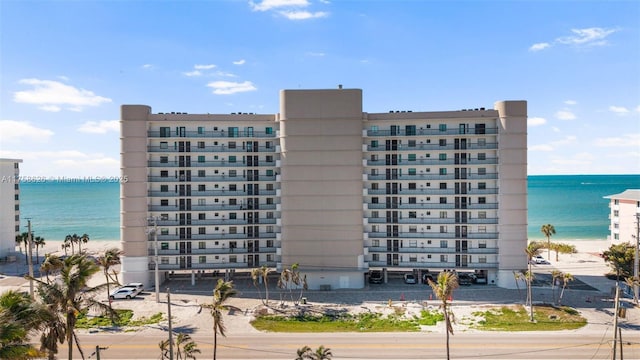 view of building exterior featuring a water view