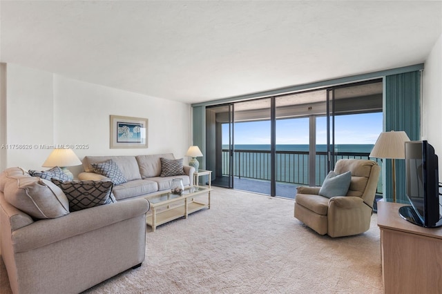 living area featuring a wall of windows and carpet floors