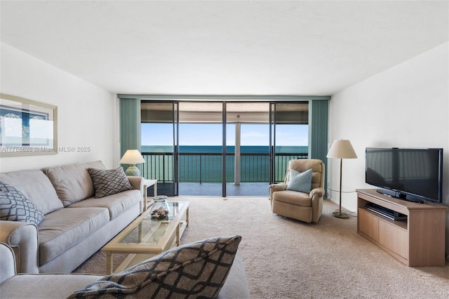 living room with carpet flooring and a wall of windows